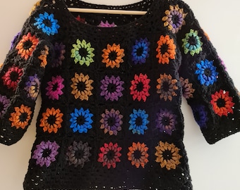 SALE Crochet multicolour top, kaleidoscope flowers sweater, 3/4 sleeves granny top, gipsy hippie boho sweater OOAK Ready to ship!