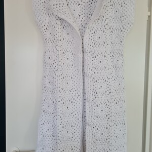Crochet granny square long beach vest. White Summer boho vest. Hippie boho hooded vest. Long crochet cotton hoodie.