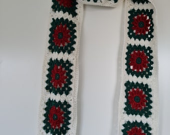 Christmas scarf with fringe, hippie scarf, crochet granny square scarf, christmas gift, long winter scarf