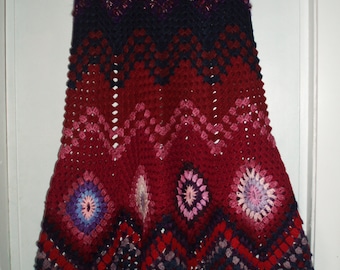 Crochet 1970-s skirt/ long maxi hippie skirt/ bohemian festival skirt/ multicolor granny square zigzag  pattern skirt  OOAK