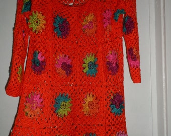 Crochet granny square orange tangerine multicolour flowers gipsy hippie boho 3/4 sleeves sweater OOAK Ready to ship!