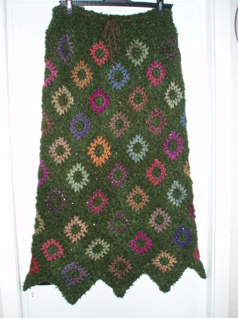 SALE Crochet 1970-s long maxi hippie bohemian festival granny square multicolor autumn flowers green skirt XL image 1