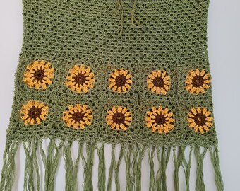 Crochet hippie boho mini skirt, okive green granny square skirt,  cowgirls country skirt , festival skirt