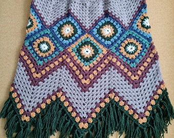Crochet hippie skirt, bohemian skirt, woodland forest granny square skirt,  girls hippie boho skirt with fringe Size US S/EU M