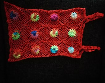Gehaakte Oma vierkant oranje mandarijn veelkleurige bloemen zigeuner hippie boho strand festival zomer top shirt OOAK Klaar om te verzenden!
