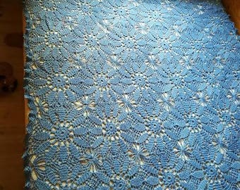 SALE Crochet big blue afghan blanket bedspread