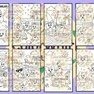 May include: A collection of eight black and white coloring pages featuring anthropomorphic pasta shapes enjoying summer activities. Scenes include camping, beach fun, and playing volleyball. The text "MOR MAKARNALAR" is at the top.