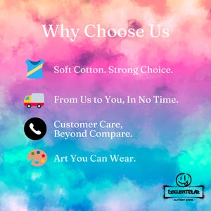 Pu&ograve; includere: Immagine con sfondo colorato e testo "Why Choose Us". Il testo &egrave; accompagnato da icone che rappresentano una maglietta, un camion, un telefono e una tavolozza. Il marchio "DEQUENTILAB" &egrave; in basso.
