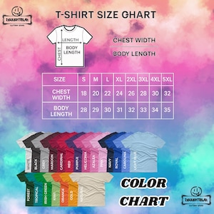 Pu&ograve; includere: Una tabella delle taglie delle t-shirt con misure di larghezza del torace e lunghezza del corpo. La tabella include le taglie dalla S alla 5XL. Una tabella colori mostra vari colori di t-shirt, tra cui bianco, nero, grigio e blu navy.