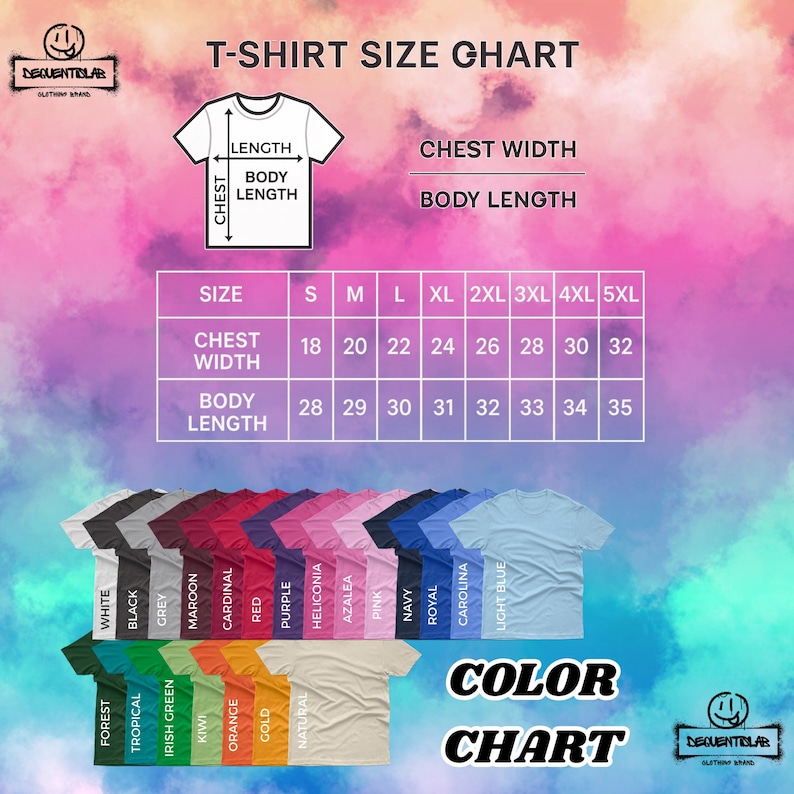 Pu&ograve; includere: Una tabella delle taglie delle t-shirt con misure di larghezza del torace e lunghezza del corpo. La tabella include le taglie dalla S alla 5XL. Una tabella colori mostra vari colori di t-shirt, tra cui bianco, nero, grigio e blu navy.