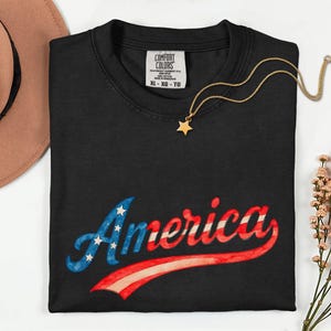 Retro Comfort Colors® America Script Tee, Watercolor Flag Typography Shirt, Patriotic USA Graphic T-Shirt Gift Top, Vintage Washed Shirt
