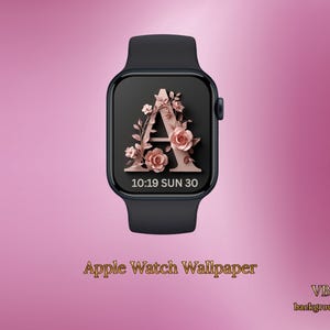 May include: Black Apple Watch featuring a rose gold floral "A" design on the screen. The watch face shows the time and date. The words "Apple Watch Wallpaper" are at the bottom.