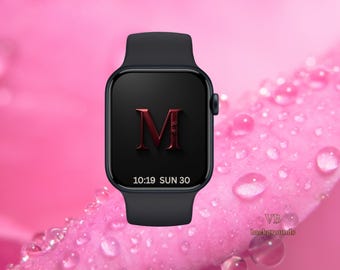 Crimson Floral Letter M Apple Watch Wallpaper – Personalized Initial (Digital Download)