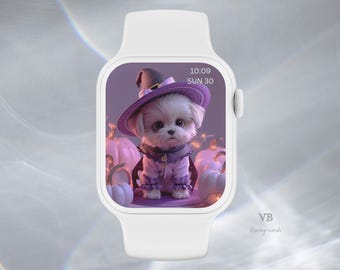 kawaii Halloween Dog Apple Watch Wallpaper  l Witch Puppy with Pumpkin Lantern Digital Download