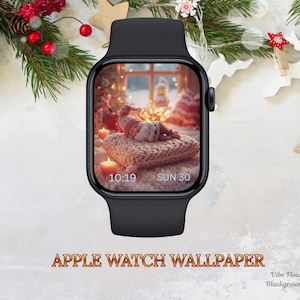 May include: Black Apple Watch displaying a Christmas-themed wallpaper. The wallpaper shows a baby wearing a Santa hat, lying on a knitted pillow, with candles and a Christmas tree in the background. The time is 10:19, and the date is Sunday, the 30th. Text at the bottom reads "APPLE WATCH WALLPAPER".