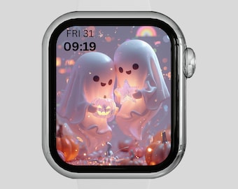 Kawaii Ghost Duo Apple Watch Wallpaper | Purple Pumpkin, Stars & Rainbow PNG Digital Download