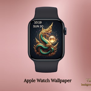 May include: Black Apple Watch displaying a detailed digital wallpaper of a golden and green serpent-like creature holding a glowing orb. The time and date are visible at the top. The words "Apple Watch Wallpaper" are at the bottom.