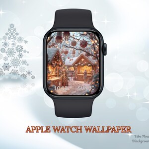 May include: Black Apple Watch with a Christmas market scene on the screen. The screen displays a winter village with festive lights and stalls. The time is 10:19, and the date is Sunday, December 30. The words "APPLE WATCH WALLPAPER" are at the bottom.