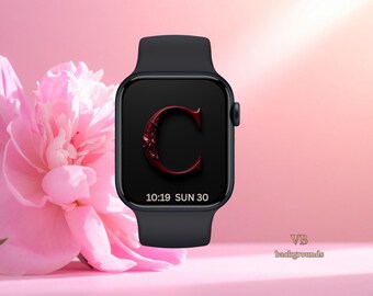 Crimson Floral Letter C Apple Watch Wallpaper – Personalized Initial (Digital Download)