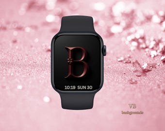 Luxury Deep Crimson Letter B Apple Watch Wallpaper – Dark Red Floral Initial, Elegant Personalized Watch Face, Digital Download