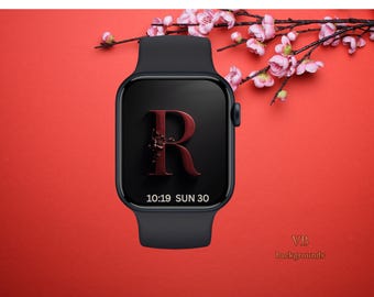 Luxury Deep Crimson Letter R Apple Watch Wallpaper – Dark Red Floral Initial, Elegant Personalized Watch Face, Digital Download