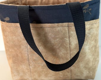 Tote Bag 9”x8” Size /  Bingo Bag / Book Bag / Bible Bag / Bible Sleeve / Blue n Tan Tote Bag / Mini Bucket Bag / Tote Bag w/ 6 Pockets 9”x8”