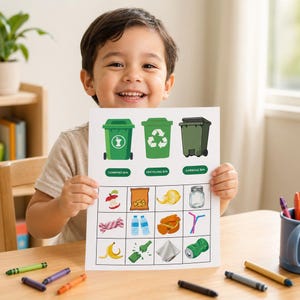 May include: A smiling child holds a chart illustrating different types of waste bins: compost, recycling, and garbage. The chart also shows examples of items that belong in each bin, such as food scraps, plastic bottles, and cans. The chart is on a wooden table.