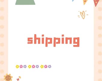 May include: A square graphic with a white center featuring the word shipping in coral red letters. The border is light peach with white polka dots. Decorative elements include a green clip, colorful bunting, a heart, and a small flower fence.