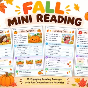 Peut inclure: Quatre fiches pédagogiques intitulées Fall Mini Reading sur des thèmes saisonniers comme The Red Leaf, The Pumpkin, A Windy Day et The Cozy Sweater. Chaque page contient des textes courts, des questions à choix multiples et des exercices.