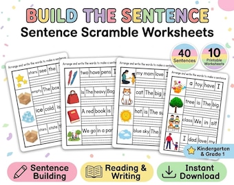 Op de afbeelding: Een set van vier printbare werkbladen met de titel BUILD THE SENTENCE. Elke pagina bevat rijen met kleurrijke illustraties en door elkaar gehaalde woorden die leerlingen moeten rangschikken en opschrijven. De set bevat 40 zinnen voor groep 1 en 2.