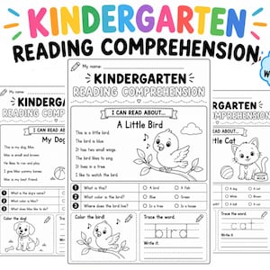 Könnte beinhalten: Ein Set aus 20 schwarz-weißen Arbeitsblättern zum Leseverständnis für den Kindergarten. Jede Seite enthält eine kurze Geschichte, eine Illustration, Multiple-Choice-Fragen, einen Ausmalbereich und eine Wort-Nachspurübung.