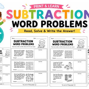 Könnte beinhalten: Ein Set aus 10 ausdruckbaren Arbeitsblättern für Subtraktions-Textaufgaben mit schwarz-weißen Illustrationen von Kindern, Süßigkeiten, Stickern, Blumen und Stiften. Die Überschrift lautet Print & Learn Subtraction Word Problems, Read, Solve & Write the Answer!