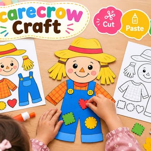 May include: A paper scarecrow craft kit featuring a colorful assembled scarecrow, a pre-colored sheet with cutouts, and a black and white coloring sheet. The scarecrow wears a yellow hat, orange plaid shirt, and blue overalls with patches.