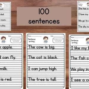 Puede incluir: Hojas de trabajo de escritura de oraciones para niños. Cada hoja tiene un título, espacio para un nombre y una fecha, y líneas para escribir oraciones. Las hojas incluyen oraciones como "Yo como una manzana" y "La vaca es grande."