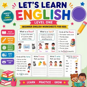Puede incluir: Un conjunto de hojas de trabajo educativas coloridas titulado Let's Learn English Level One para niños de 3 a 7 años. La página presenta ejercicios de gramática, definiciones de sustantivos y verbos, actividades de emparejamiento e ilustraciones.