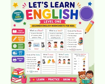 Puede incluir: Un conjunto de hojas de trabajo educativas coloridas titulado Let's Learn English Level One para niños de 3 a 7 años. La página presenta ejercicios de gramática, definiciones de sustantivos y verbos, actividades de emparejamiento e ilustraciones.