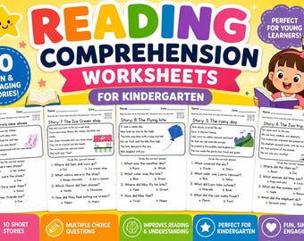 May include: A set of reading comprehension worksheets for kindergarten featuring ten short stories with multiple choice questions. The yellow background displays the title in colorful letters, a cartoon girl reading, and icons of a star and pencil.