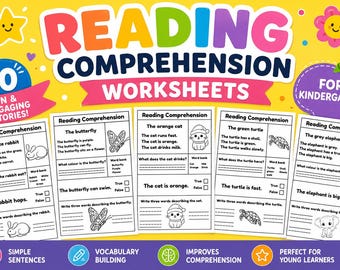 May include: A set of five educational reading comprehension worksheets for kindergarteners, featuring simple stories about animals like a rabbit, butterfly, cat, turtle, and elephant, with word banks, fill-in-the-blank questions, and line art illustrations.