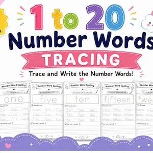 May include: A set of 20 printable number words tracing worksheets featuring the text 1 to 20 Number Words TRACING. The pages include practice lines for writing words like one, five, ten, fifteen, and twenty, decorated with colorful stars, a rainbow, and a pink pencil holder.