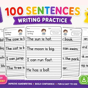 Può includere: Un set di cinque fogli di esercizi di scrittura bianchi con righe nere e linee centrali tratteggiate. Ogni pagina include un piccolo personaggio dei cartoni animati in alto, spazio per nome e data, e frasi come The sun is hot e He has a ball.