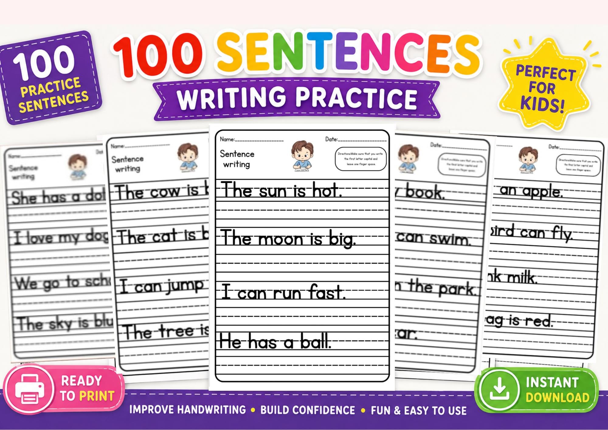 Kindergarten Writing Practice: 100 Simple English Sentences Worksheets ...