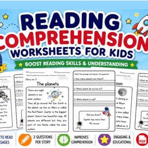 Puede incluir: Un conjunto de fichas de comprensión lectora para niños con gráficos del espacio que incluyen un astronauta, un cohete y planetas. El título dice Reading Comprehension Worksheets For Kids, con 10 pasajes y para edades de 6 a 9 años.