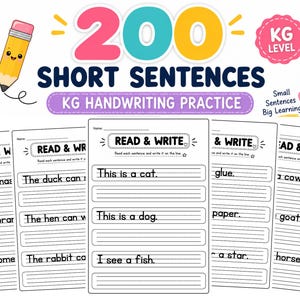 以下が含まれることがあります： 200 SHORT SENTENCES KG HANDWRITING PRACTICEと題された手書き練習用ワークシートのセット。各ページにはREAD & WRITEというテキストがあり、This is a catやThis is a dogといった文章を書き写すための罫線が引かれています。