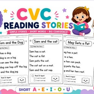May include: A set of 30 CVC reading stories featuring three printable worksheets titled Tom and the Dog, Sam and the cat, and Meg Gets a Pet. The document includes illustrations of a child reading and a cat, with text focusing on short vowel words, simple sentences, and decodable words for beginning readers.