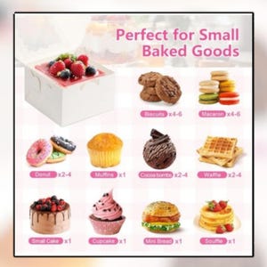 May include: A white bakery box with a clear lid, filled with a red dessert topped with berries. The image also displays various baked goods, including biscuits, macarons, donuts, muffins, cocoa bombs, waffles, small cakes, cupcakes, mini bread, and souffl&eacute;.