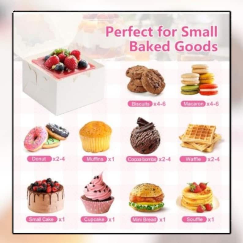 May include: A white bakery box with a clear lid, filled with a red dessert topped with berries. The image also displays various baked goods, including biscuits, macarons, donuts, muffins, cocoa bombs, waffles, small cakes, cupcakes, mini bread, and souffl&eacute;.