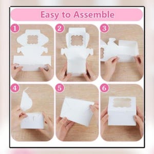 May include: Step-by-step instructions for assembling a white cupcake box. The image shows six steps, with hands folding the box. The text "Easy to Assemble" is at the top of the image.