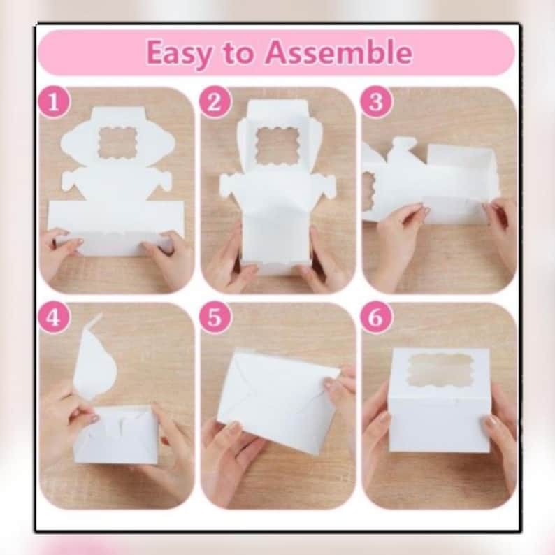 May include: Step-by-step instructions for assembling a white cupcake box. The image shows six steps, with hands folding the box. The text "Easy to Assemble" is at the top of the image.