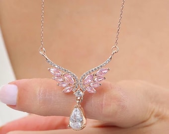 925 Silver Pink Wing Necklace with Teardrop CZ – Angel Wing Pendant Jewelry