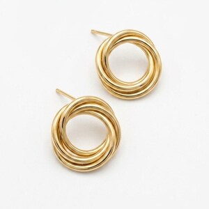 Gold Plated Sterling Silver Interlocking Circle Stud Earrings • Geometric Triple Loop Studs